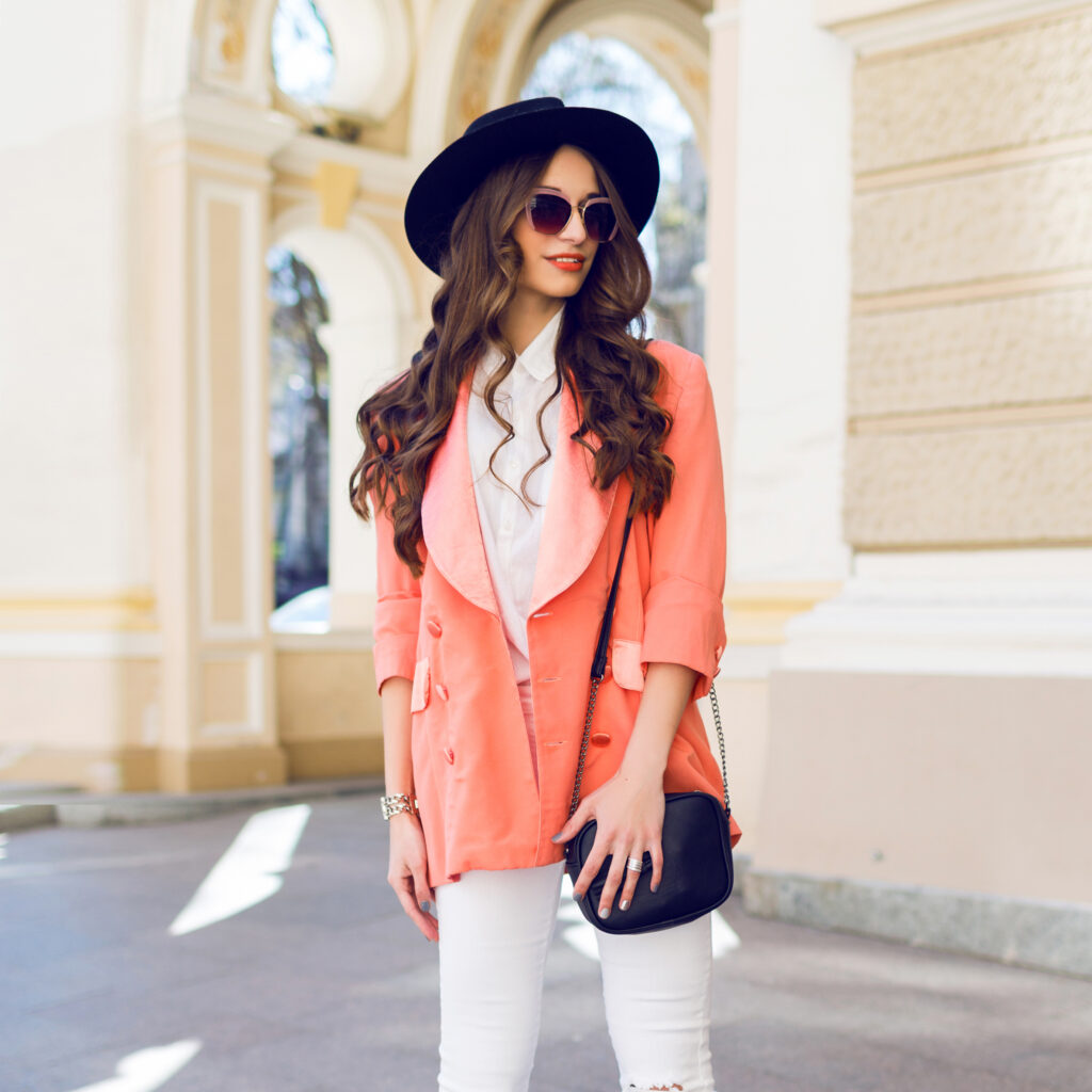 Home Outdoor Hight Fashion Portrait Stylish Casual Woman Black Hat Pink Suit White Blouse Posing Old Street 1024x1024